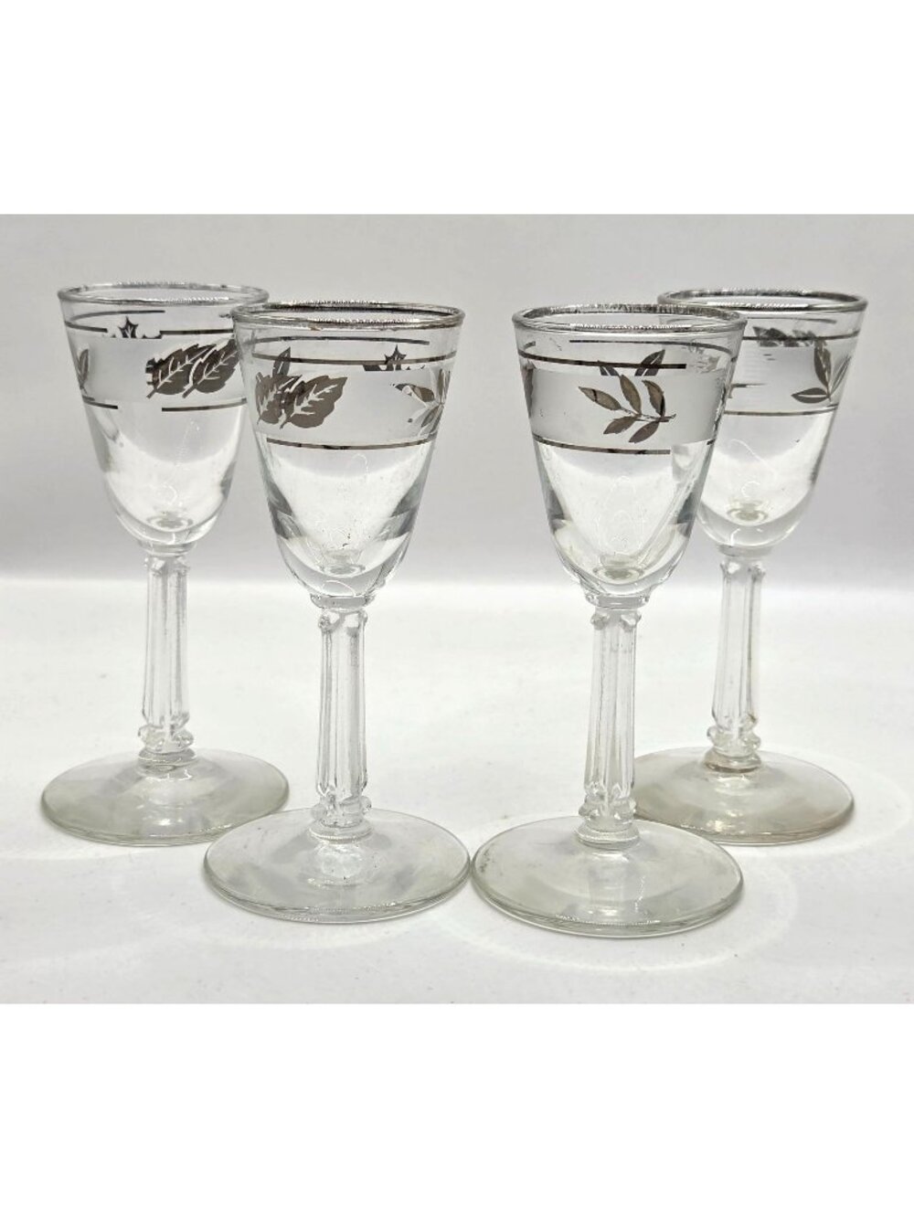 Vtg Libbey Silver Leaf Cordial Shot Glasses Set Of 4 Silver Leaf Etched MCM